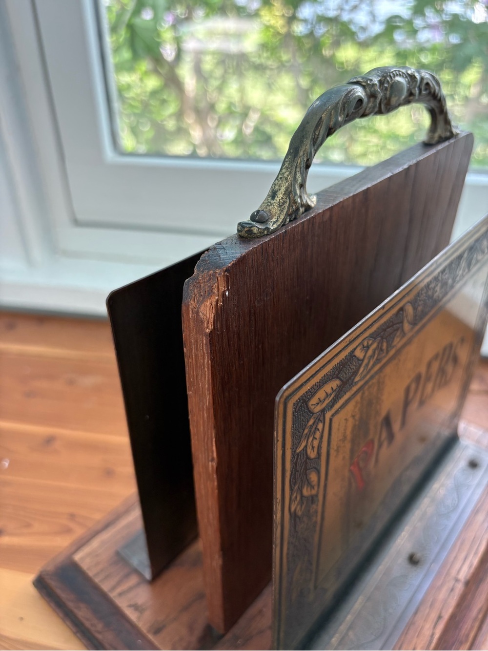 Antique Victorian Edwardian Brass and Oak Paper Desk Organizer Mail Rack - Picture 6 of 8